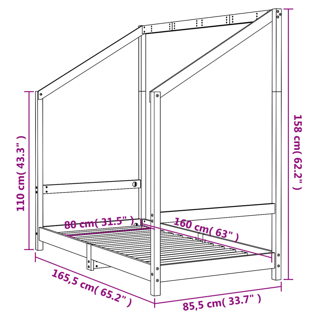 Bed frame for children, 80x160 cm, solid pine wood
