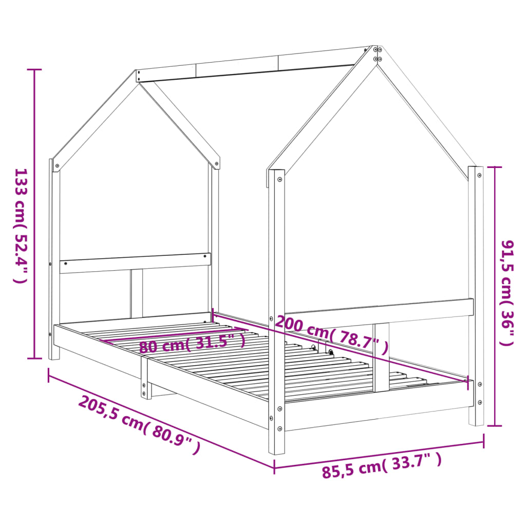 Bed frame for children, white, 80x200 cm, solid pine wood