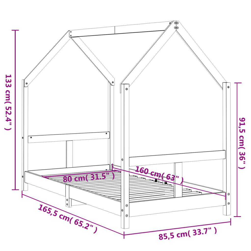 Bed frame for children, 80x160 cm, solid pine wood