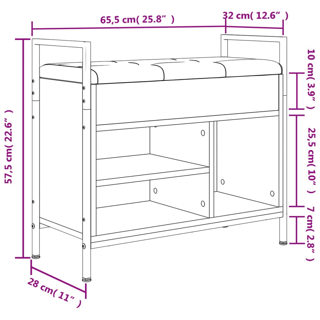 Shoe bench, black, 65.5x32x57.5 cm, processed wood