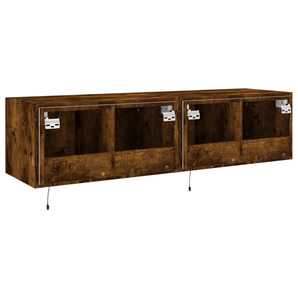Comodă TV de perete cu LED, 2 buc. stejar fumuriu, 60x35x31 cm