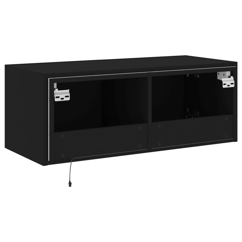 Wall-mounted TV cabinet with LED lights, black, 80x35x31 cm