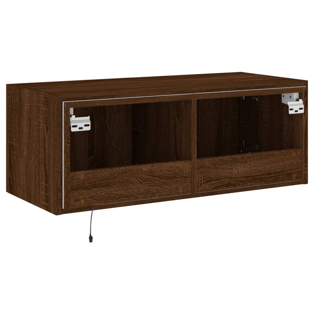 Comodă TV de perete cu lumini LED, stejar maro, 80x35x31 cm