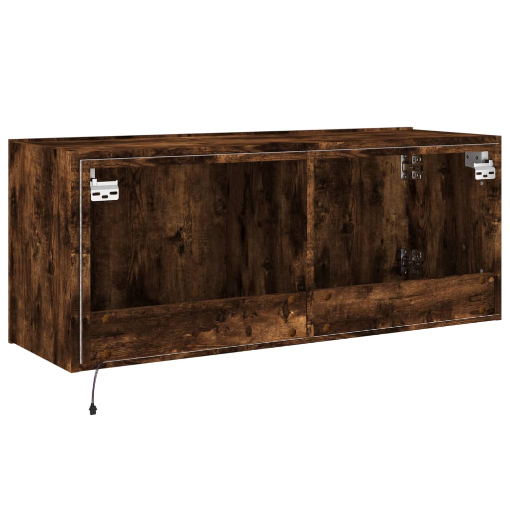 Comodă TV de perete cu lumini LED, stejar fumuriu, 100x35x41 cm