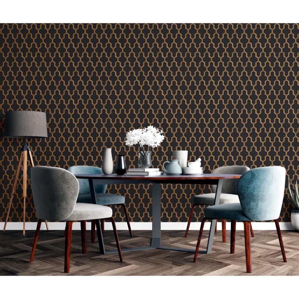 DUTCH WALLCOVERINGS "Geometric" wallpaper, black and gold