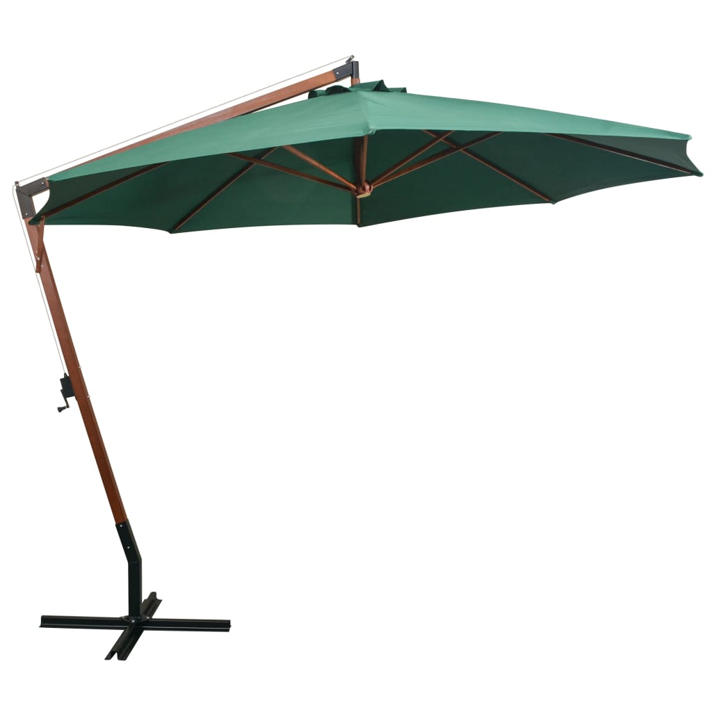 Umbrelă de soare suspendată 350 cm, stâlp din lemn, verde