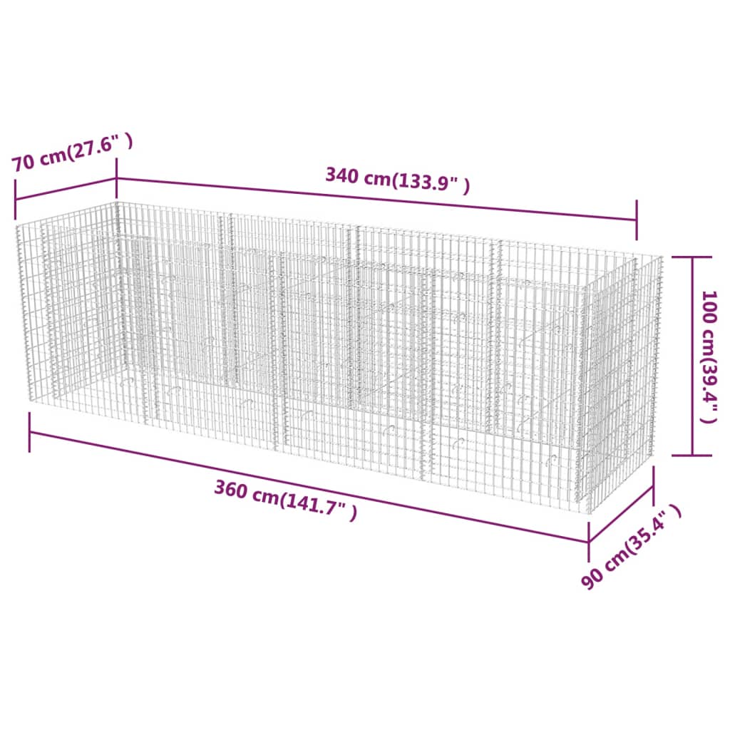 Strat înălțat gabion, 360 x 90 x 100 cm, oțel