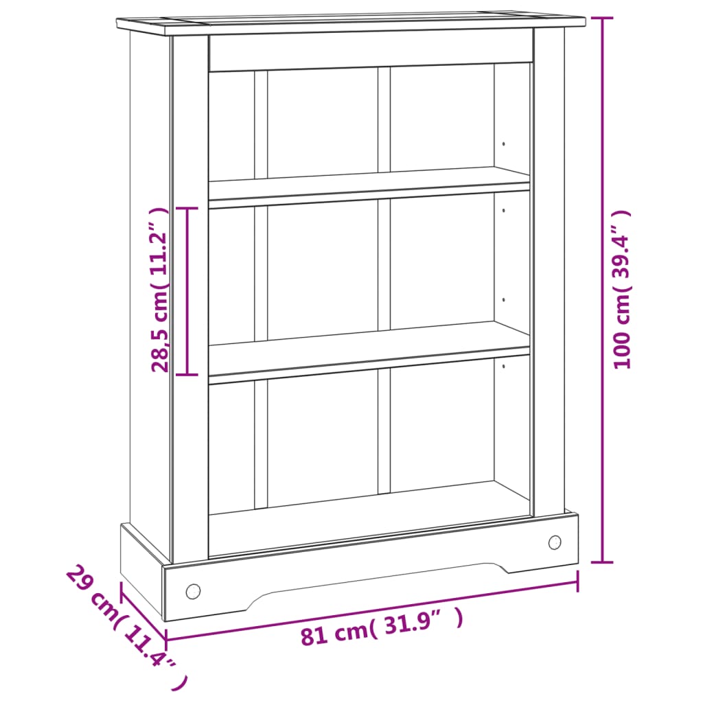 Bibliotecă 3 rafturi pin, stil mexican Corona, 80x29x100 cm