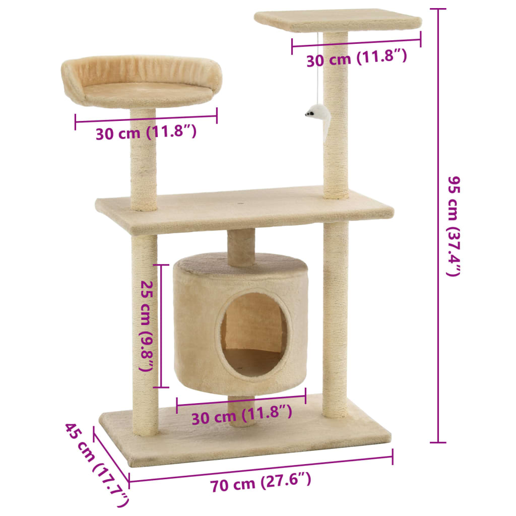 Ansamblu pentru pisici cu stâlpi din funie de sisal, 95 cm Bej