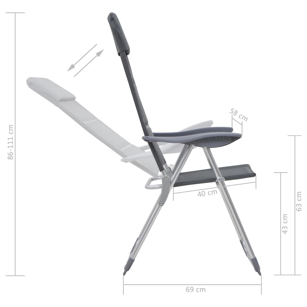 Scaun de camping, 2 buc, gri, 58 x 69 x 111 cm, aluminiu