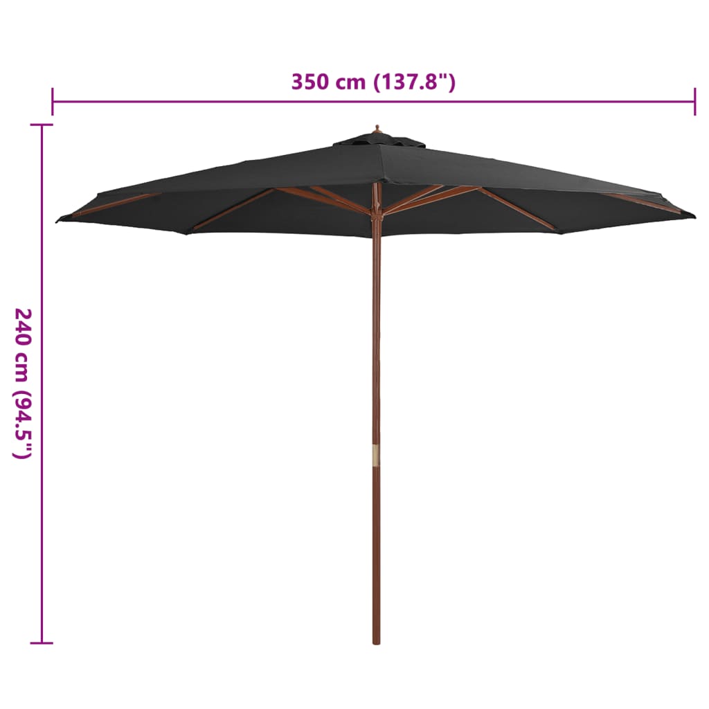 Umbrelă de soare de exterior, stâlp din lemn, antracit, 350 cm