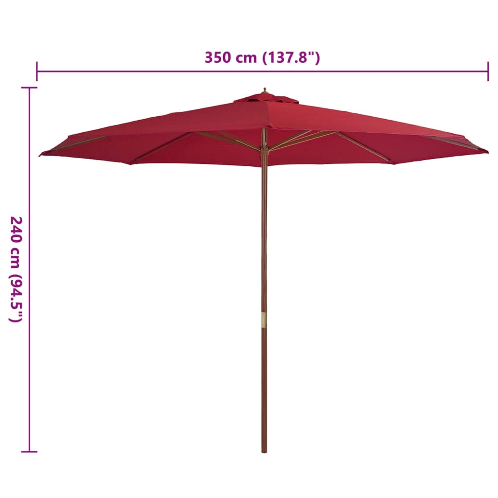 Umbrelă de soare de exterior cu stâlp din lemn, vișiniu, 350 cm