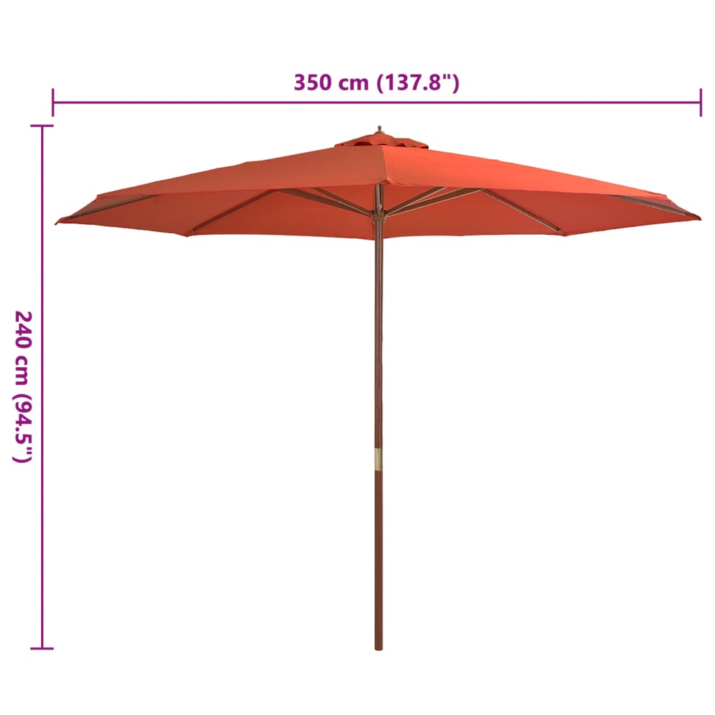 Umbrelă de soare de exterior, stâlp lemn, cărămiziu, 350 cm