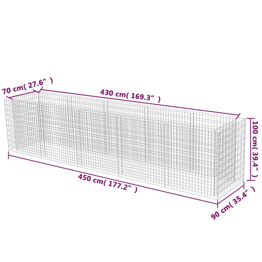 Strat înălțat gabion, 450 x 90 x 100 cm, oțel galvanizat