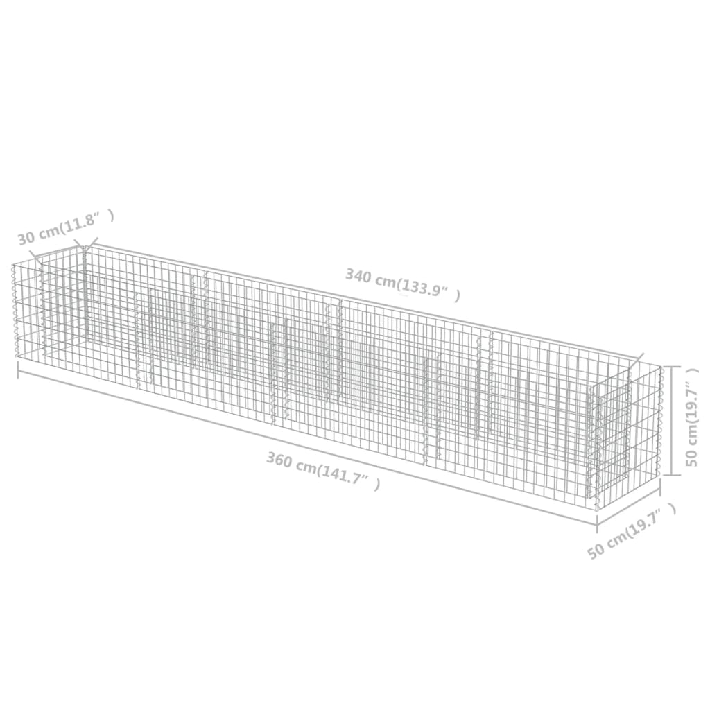 Strat înălțat gabion, 360 x 50 x 50 cm, oțel galvanizat