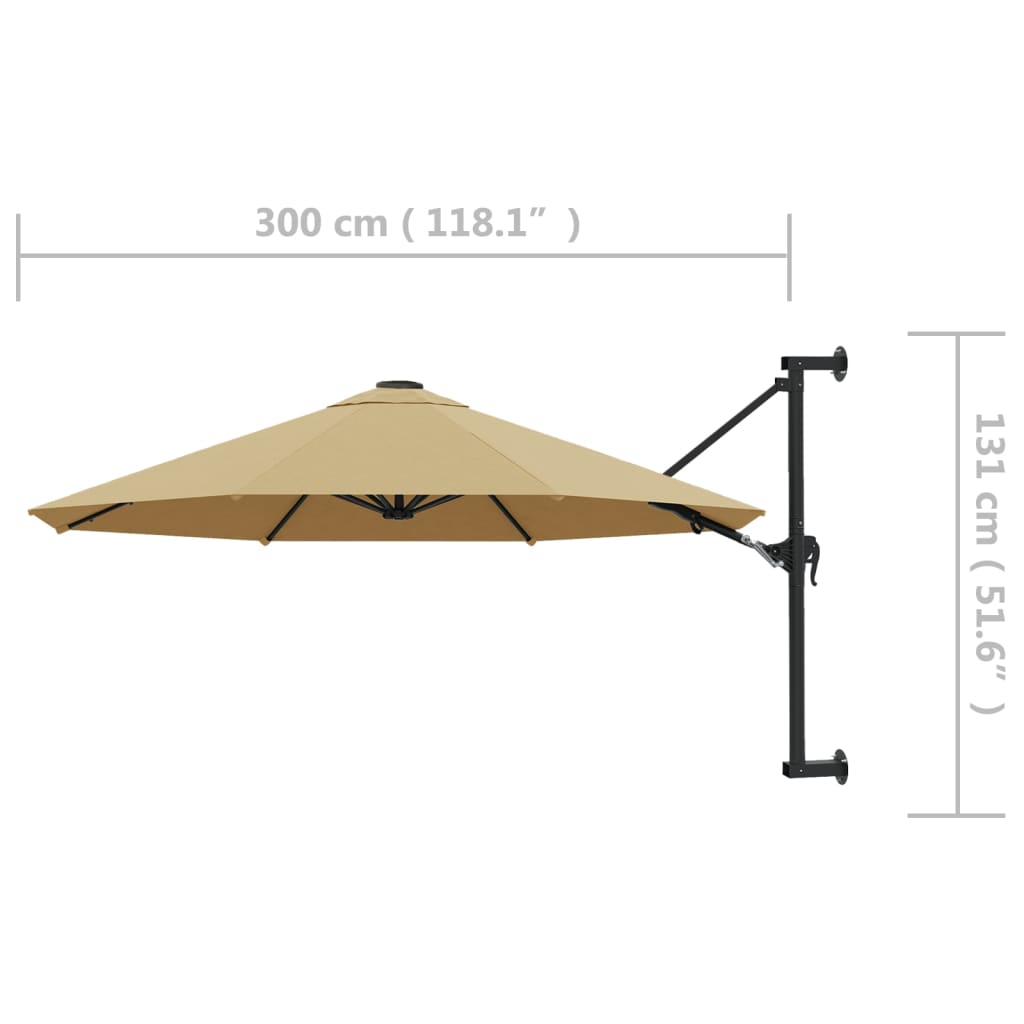 Umbrelă soare montaj pe perete tijă metalică gri taupe 300 cm