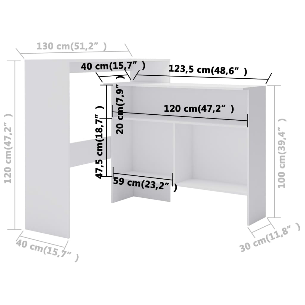 Masă de bar cu 2 blaturi, alb, 130x40x120 cm