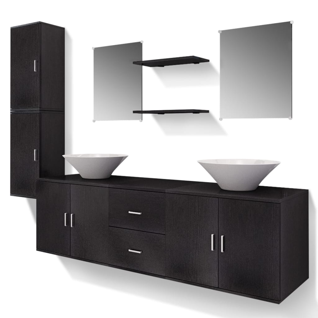 Set mobilier baie format din 9 piese cu chiuvete incluse, Negru