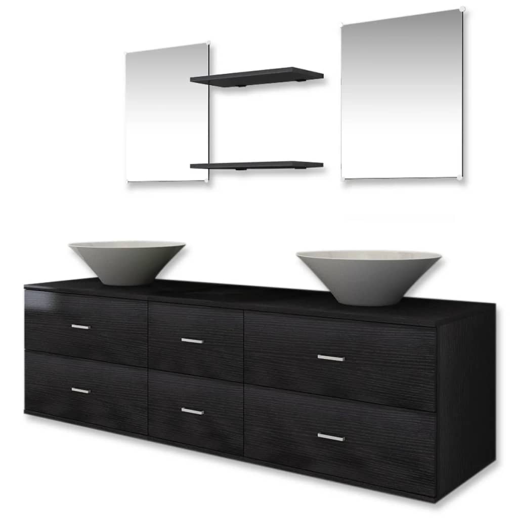 Set de mobilier de baie cu 7 piese și chiuvete incluse, negru