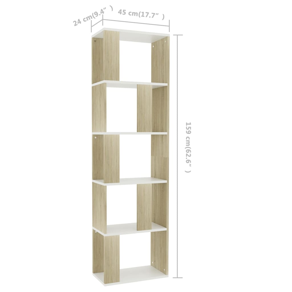 Bibliotecă/Separator cameră alb&stejar sonoma 45x24x159 cm PAL