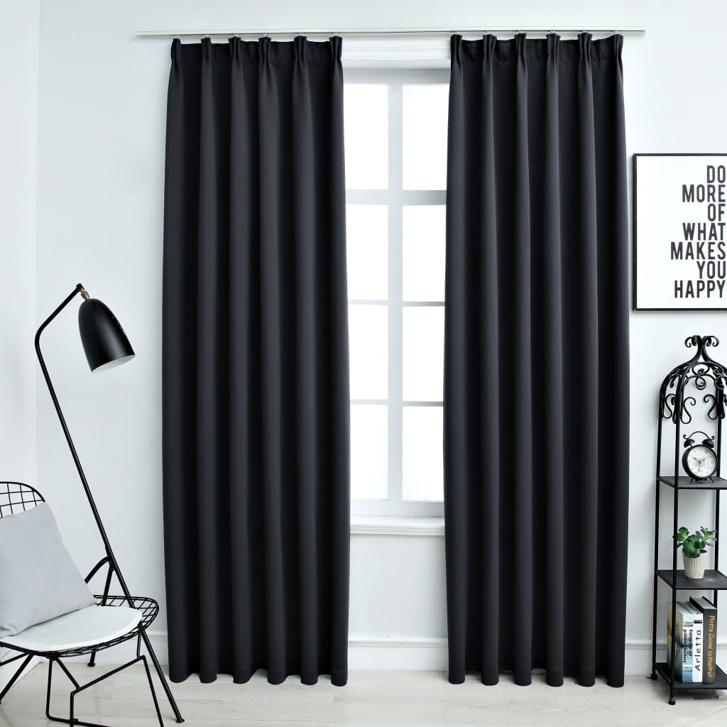 Draperii opace cu cârlige, 2 buc., negru, 140 x 245 cm