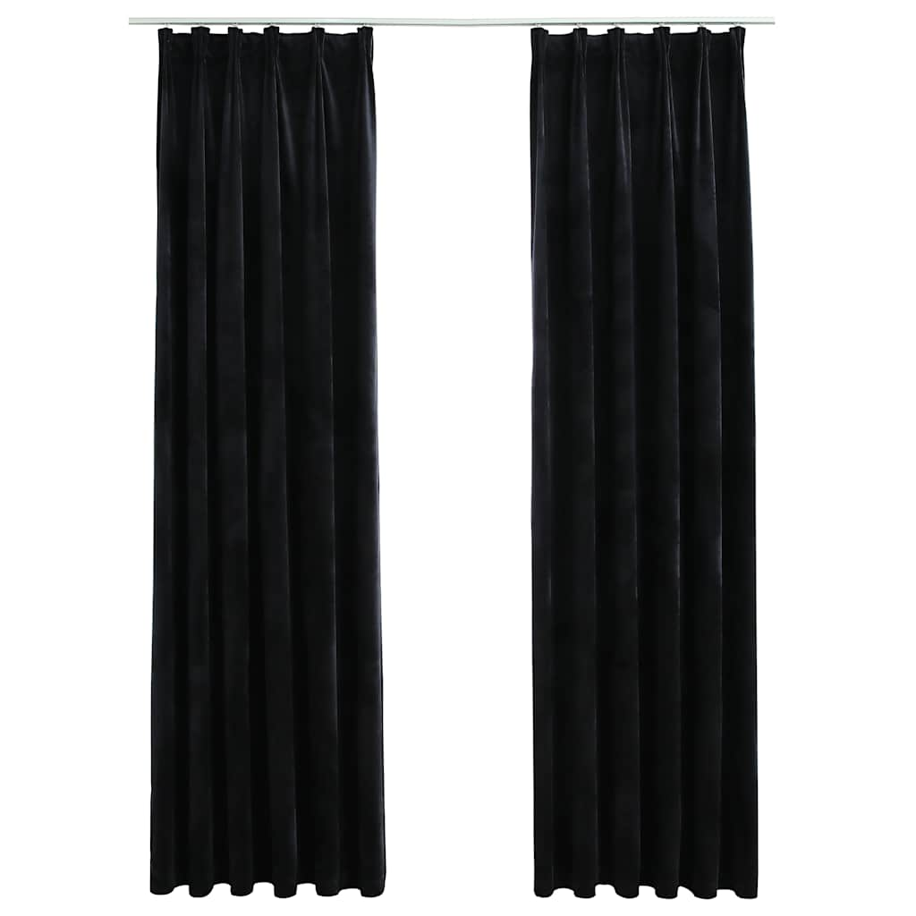 Draperii opace, 2 buc., negru, 140x225 cm, catifea, cu cârlige