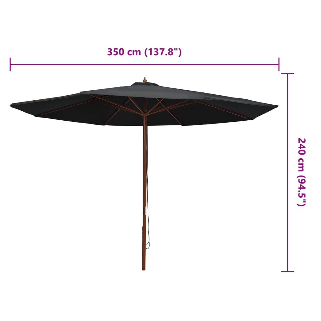 Umbrelă de soare de exterior, stâlp din lemn, negru, 350 cm