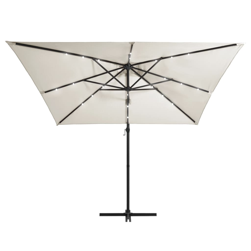 Umbrelă în consolă cu LED, stâlp din oțel, nisipiu, 250x250 cm