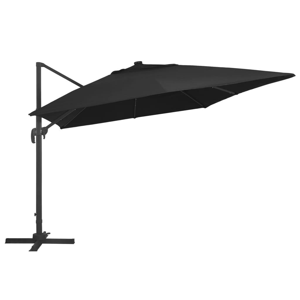 Umbrelă suspendată cu LED și stâlp aluminiu negru 400x300 cm