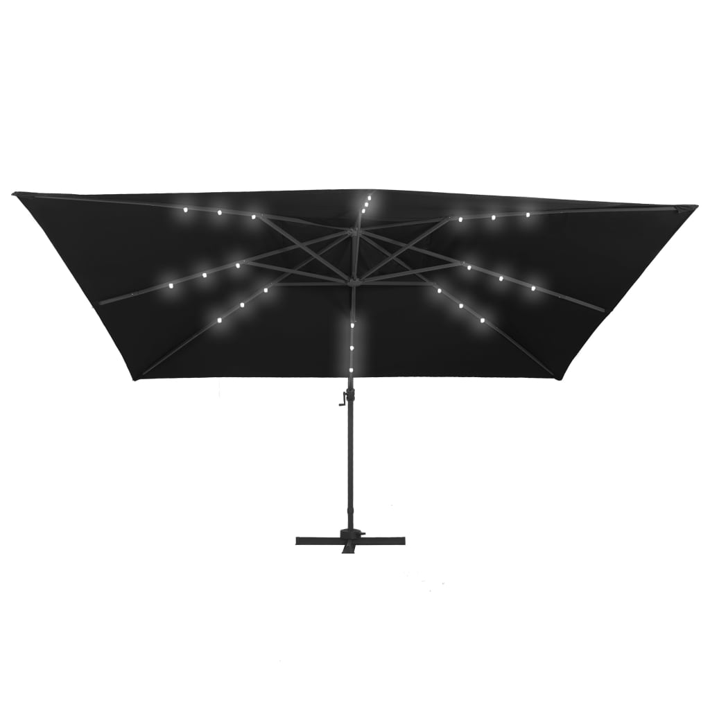 Umbrelă suspendată cu LED și stâlp aluminiu negru 400x300 cm