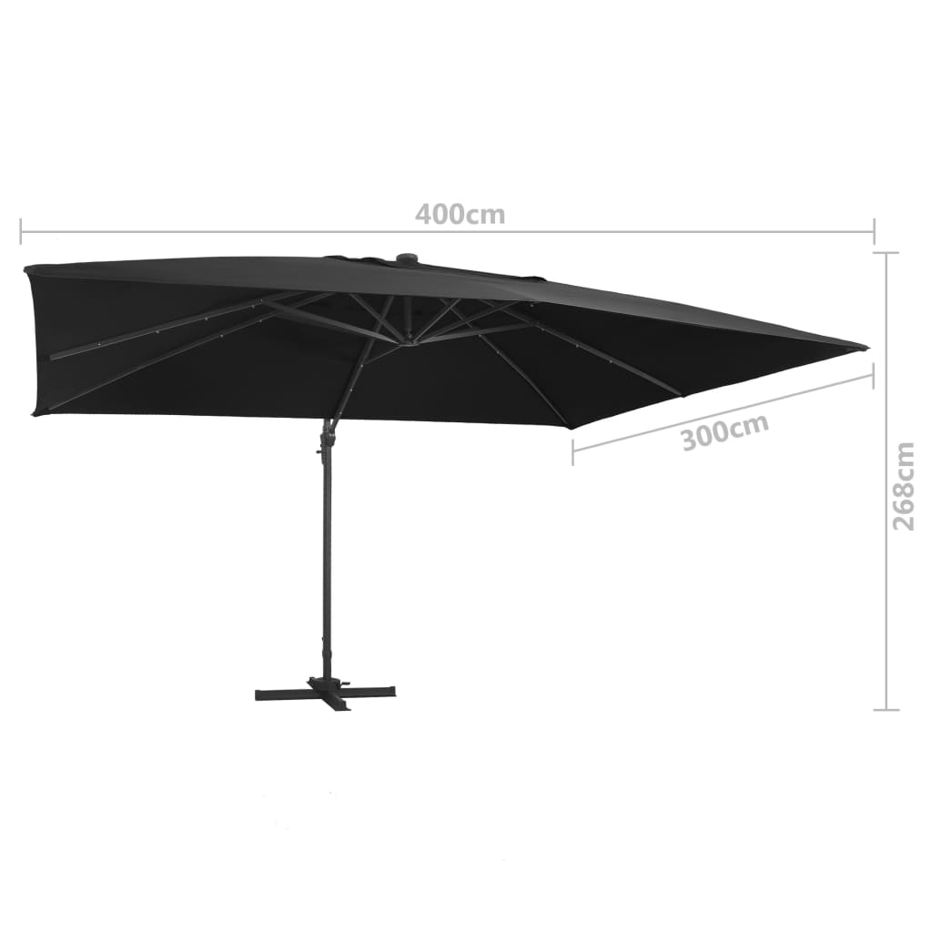 Umbrelă suspendată cu LED și stâlp aluminiu negru 400x300 cm