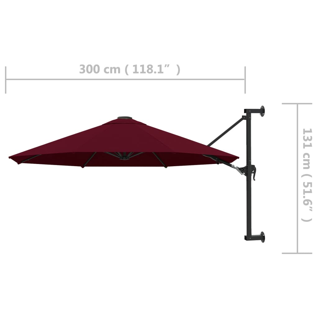 Umbrelă de soare de perete, stâlp metalic, roșu vișiniu, 300cm