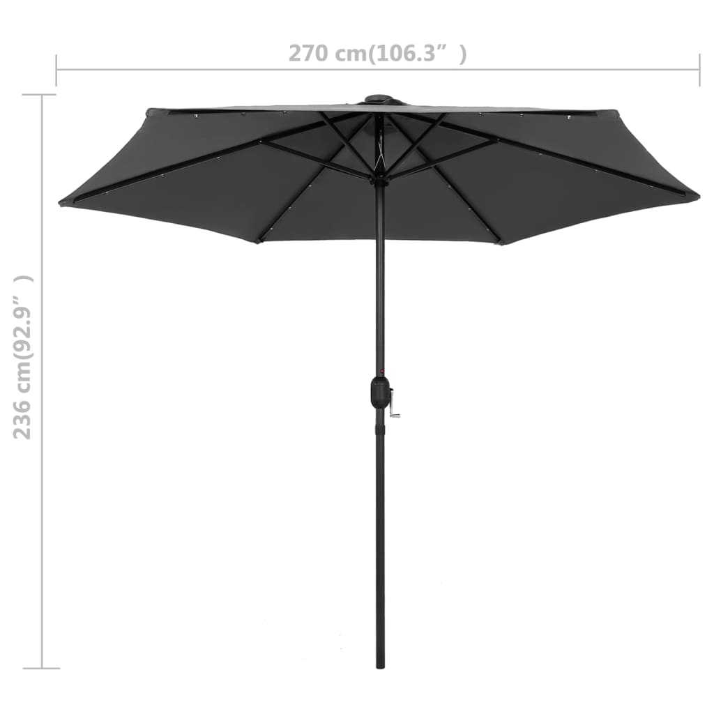 Umbrelă de soare cu LED-uri, stâlp aluminiu, antracit, 270 cm