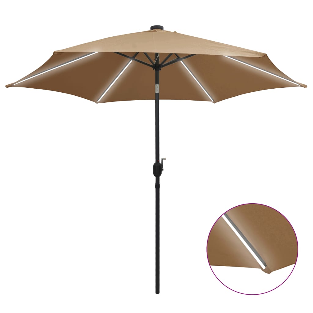 Umbrelă de soare cu LED-uri, stâlp din aluminiu, taupe, 300 cm