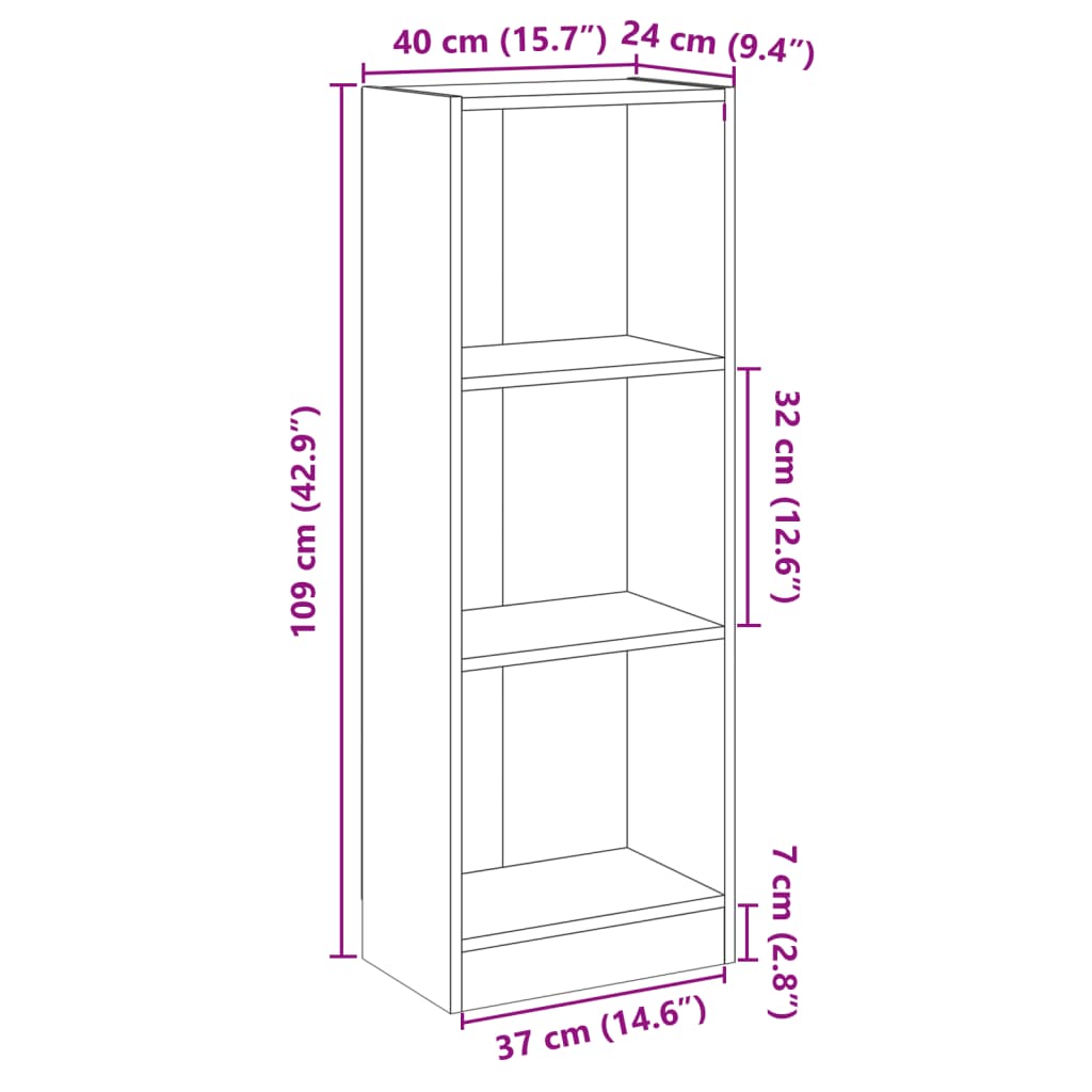Bibliotecă cu 3 rafturi, alb & stejar sonoma, 40x24x109 cm