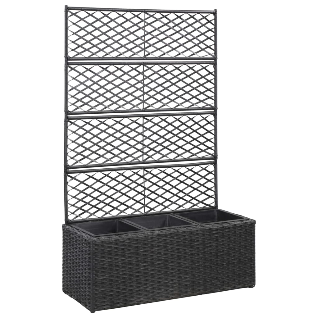 Strat înălțat spalier 3 ghivece negru 83x30x130 cm poliratan