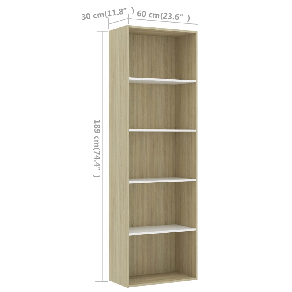 Bibliotecă cu 5 rafturi alb/sonoma 60x30x189 cm, lemn prelucrat