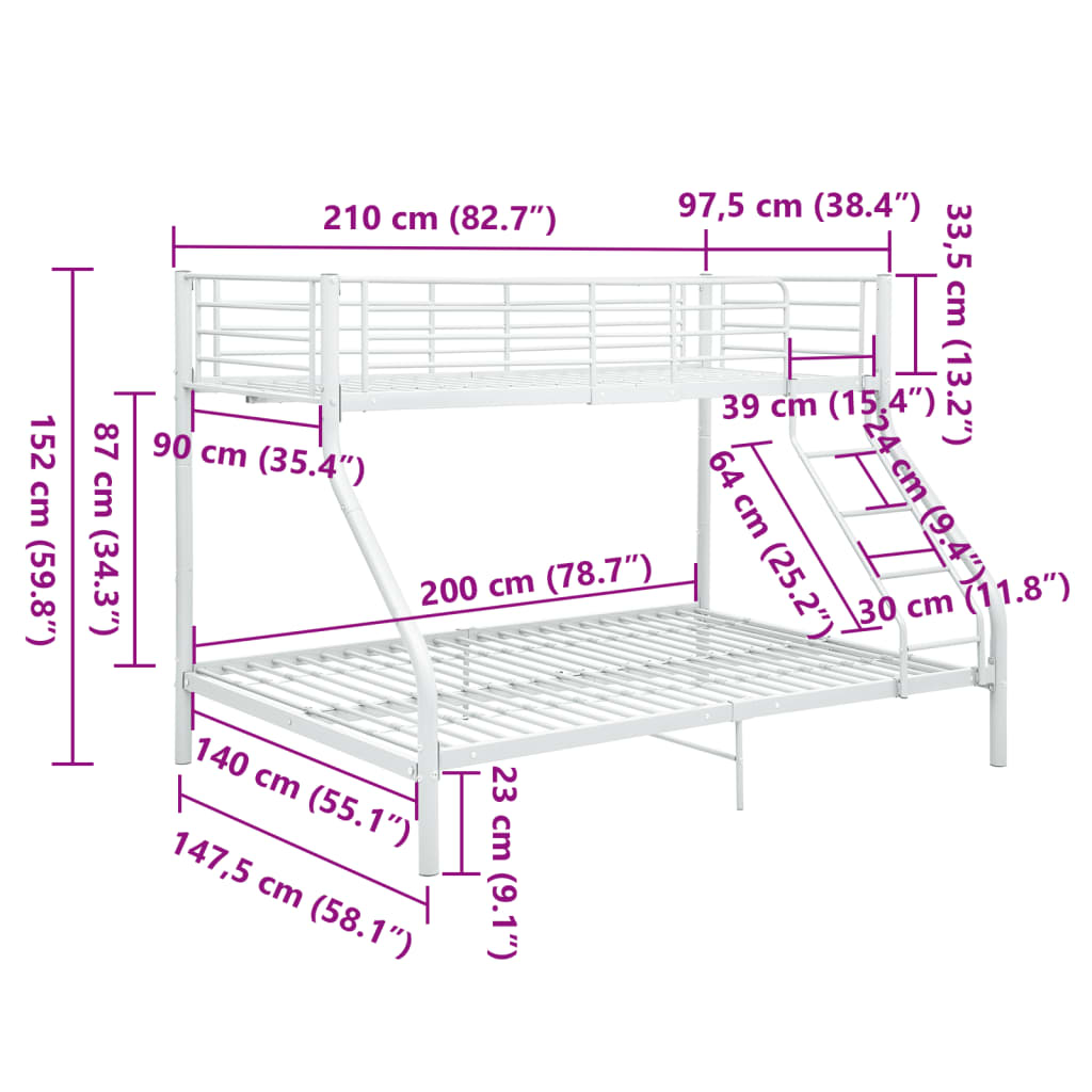 Cadru de pat supraetajat, alb, 140 x 200/90 x 200 cm, metal