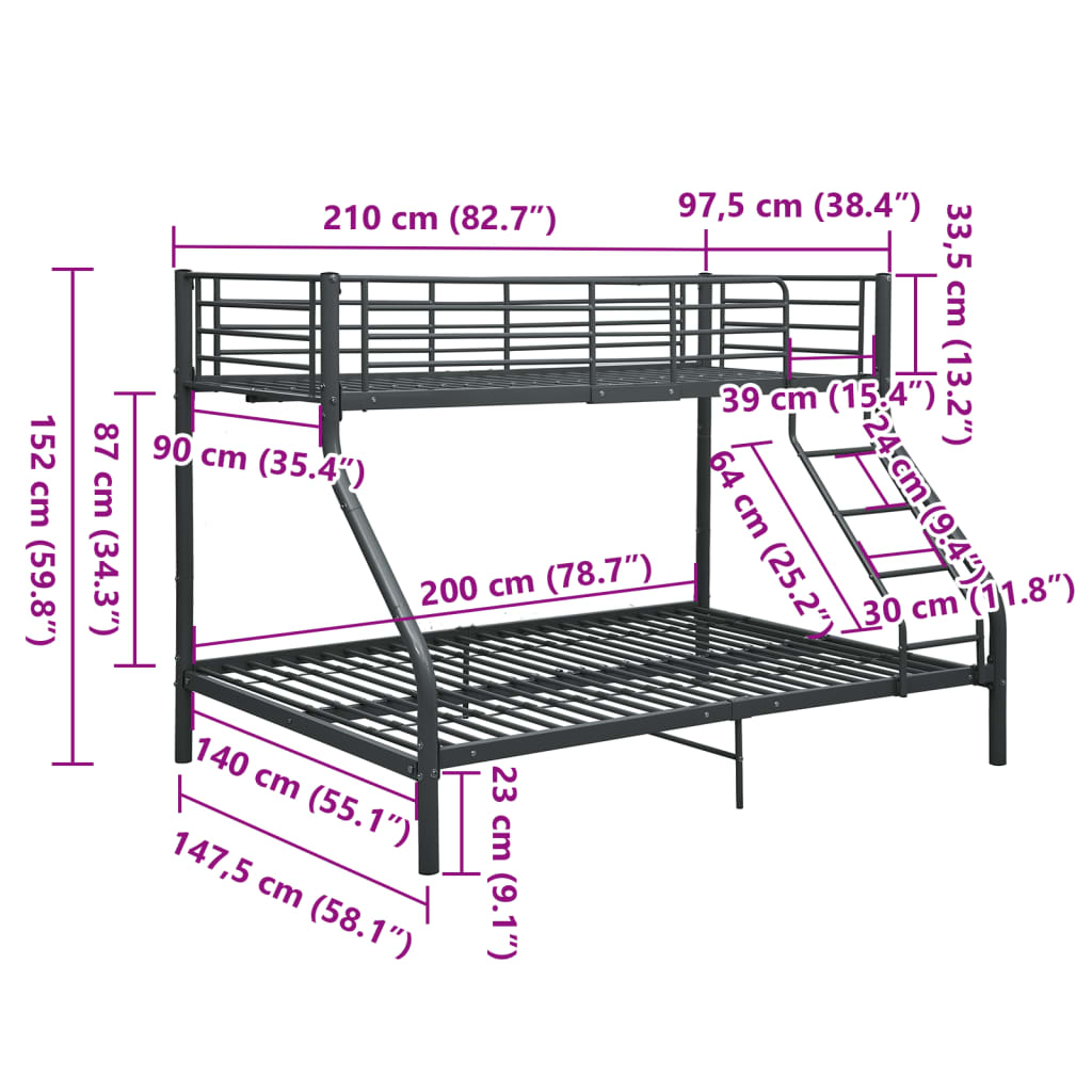 Cadru de pat supraetajat, negru, 140 x 200/90 x 200 cm, metal