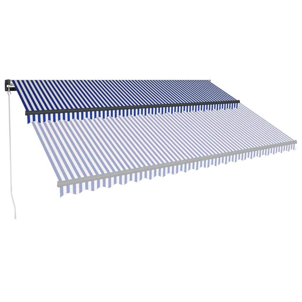 Copertină retractabilă manual LED, albastru și alb, 500x300 cm