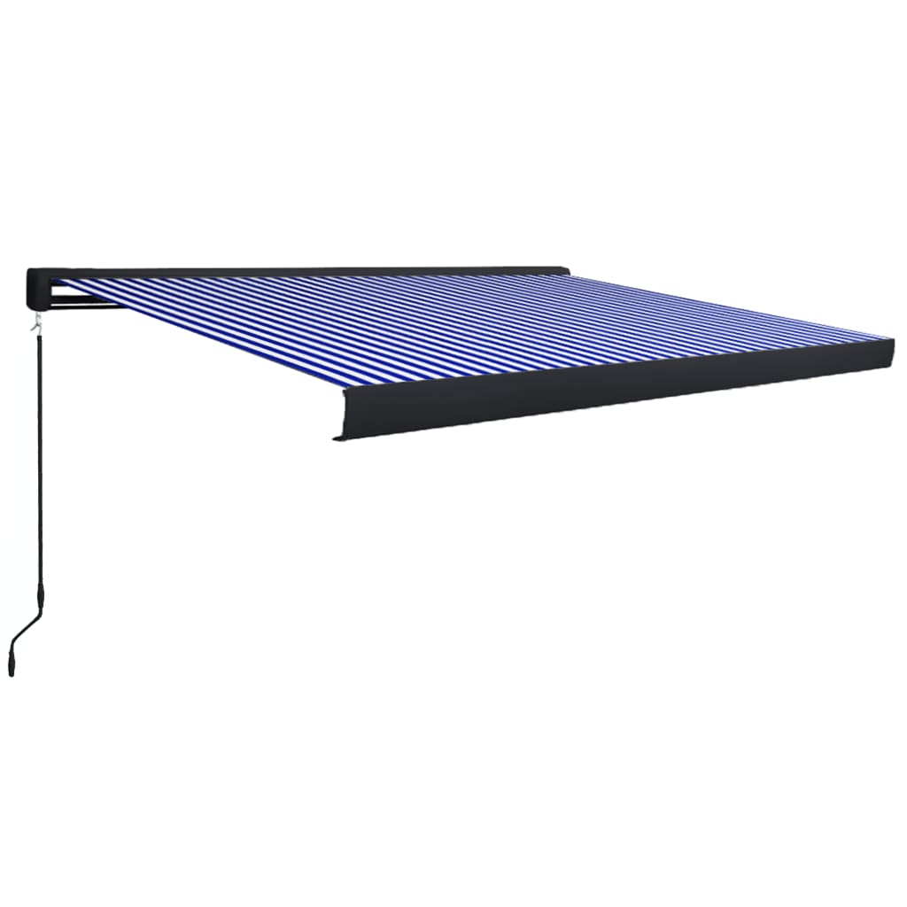 Copertină manuală tip casetă, albastru și alb, 450 x 300 cm