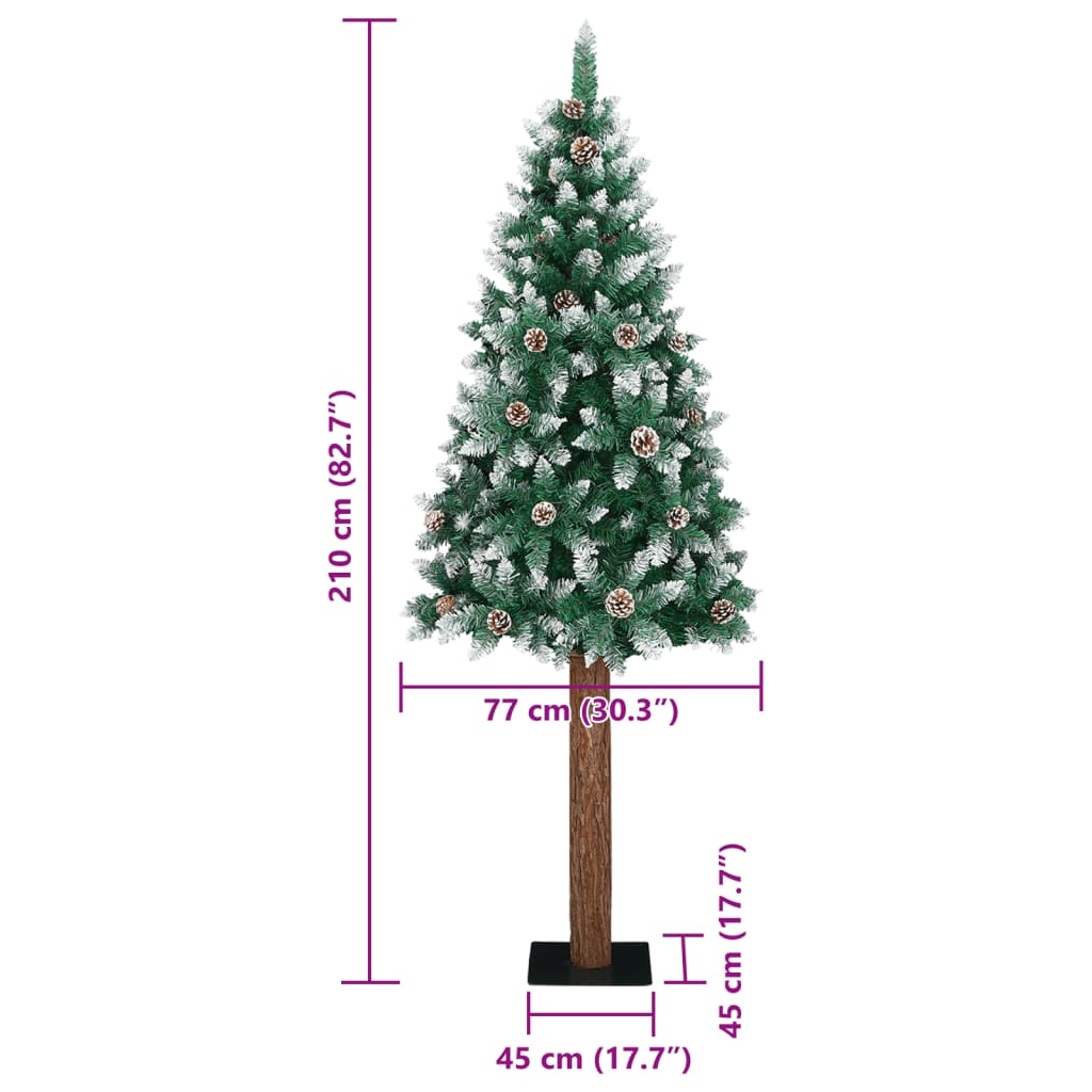 Pom Crăciun artificial subțire, lemn și zăpadă, verde, 210 cm