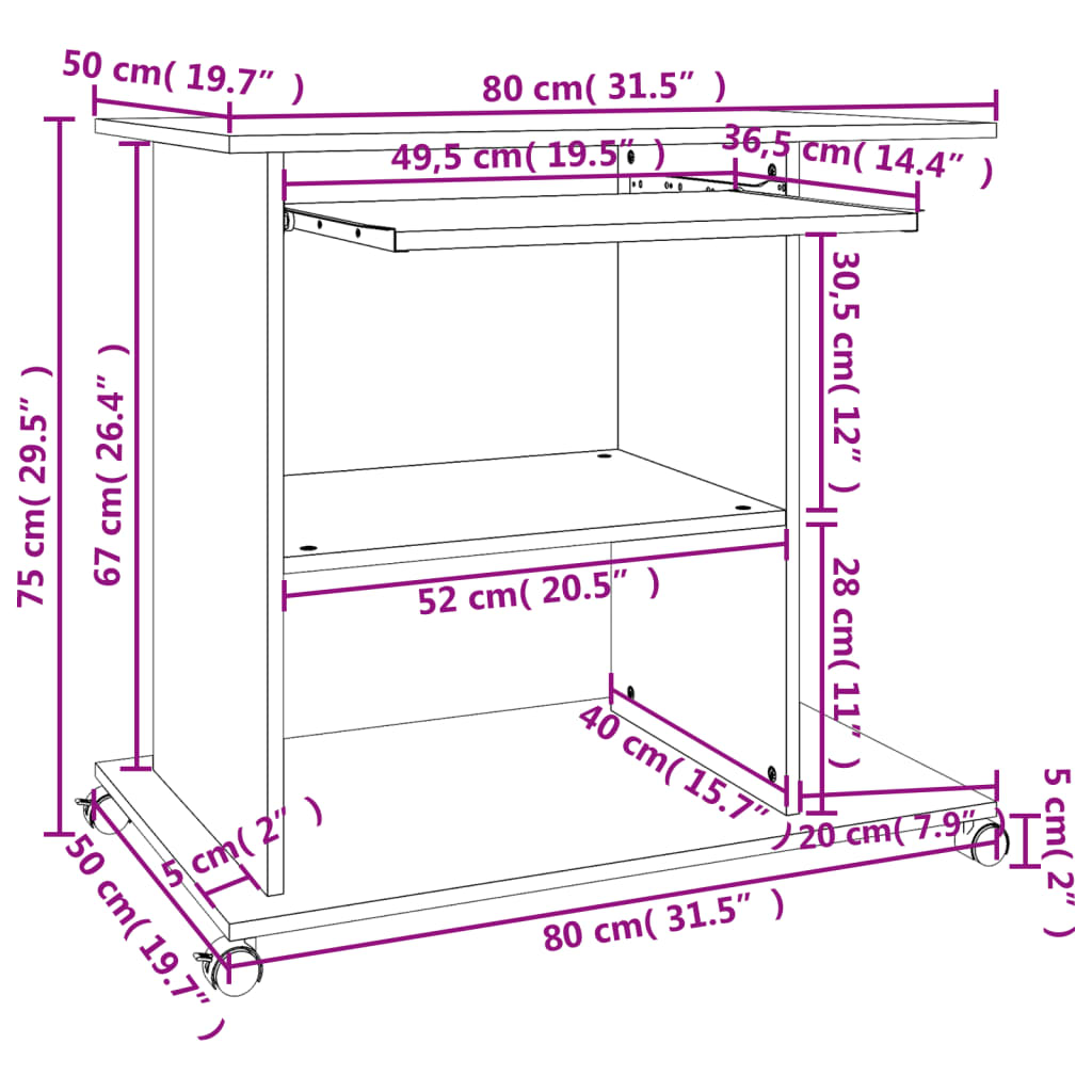 Birou de calculator, alb, 80x50x75 cm, lemn prelucrat