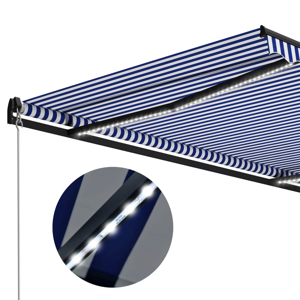 Copertină retractabilă manual cu LED, albastru/alb, 300x250 cm
