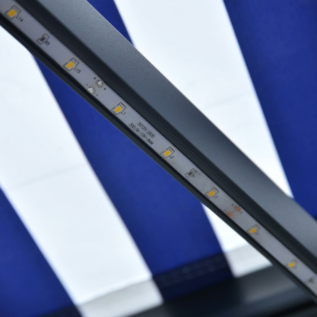 Copertină retractabilă manual cu LED, albastru/alb, 300x250 cm