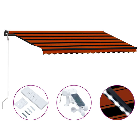 Copertină retractabilă senzor vânt & LED oranj/maro 450x300 cm