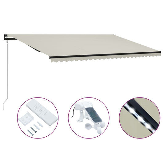 Copertină retractabilă senzor vânt & LED, crem, 600x300 cm