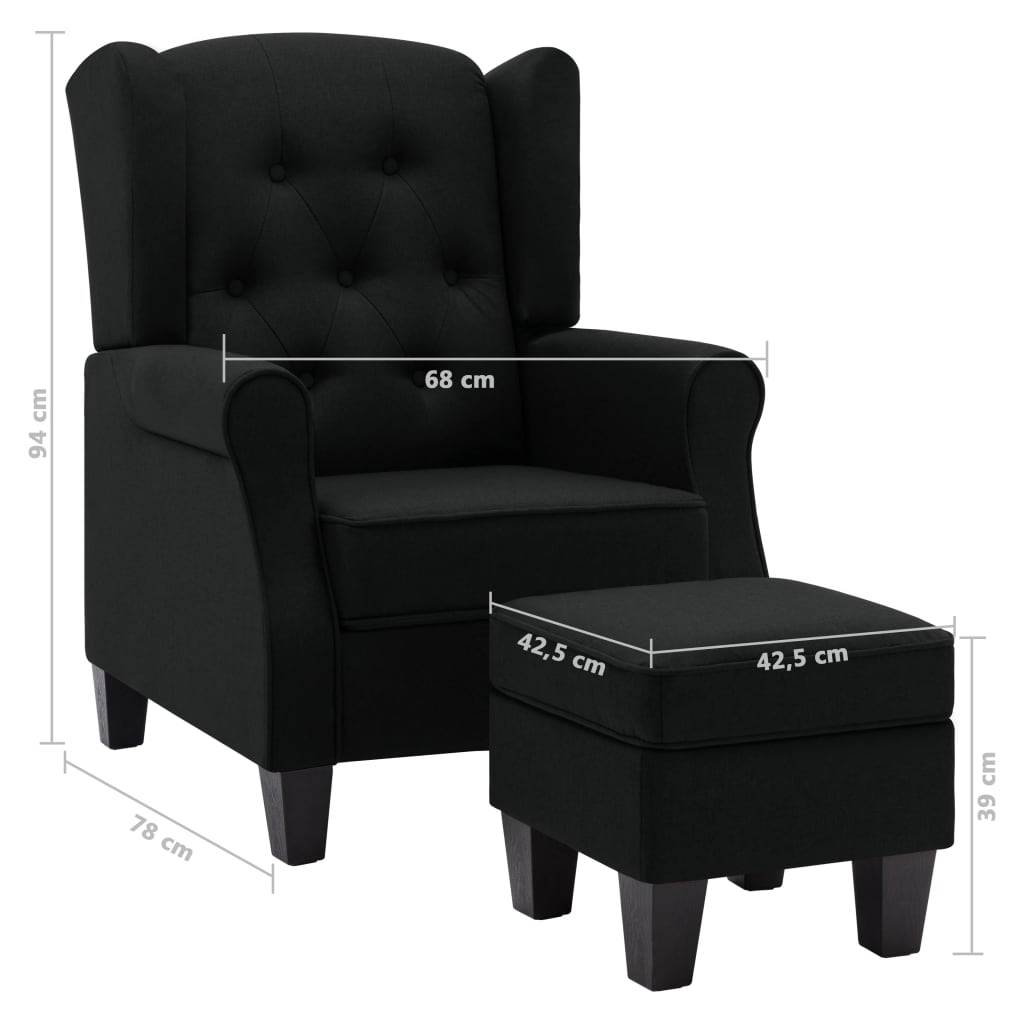Fotoliu cu taburet pentru picioare, negru, material textil