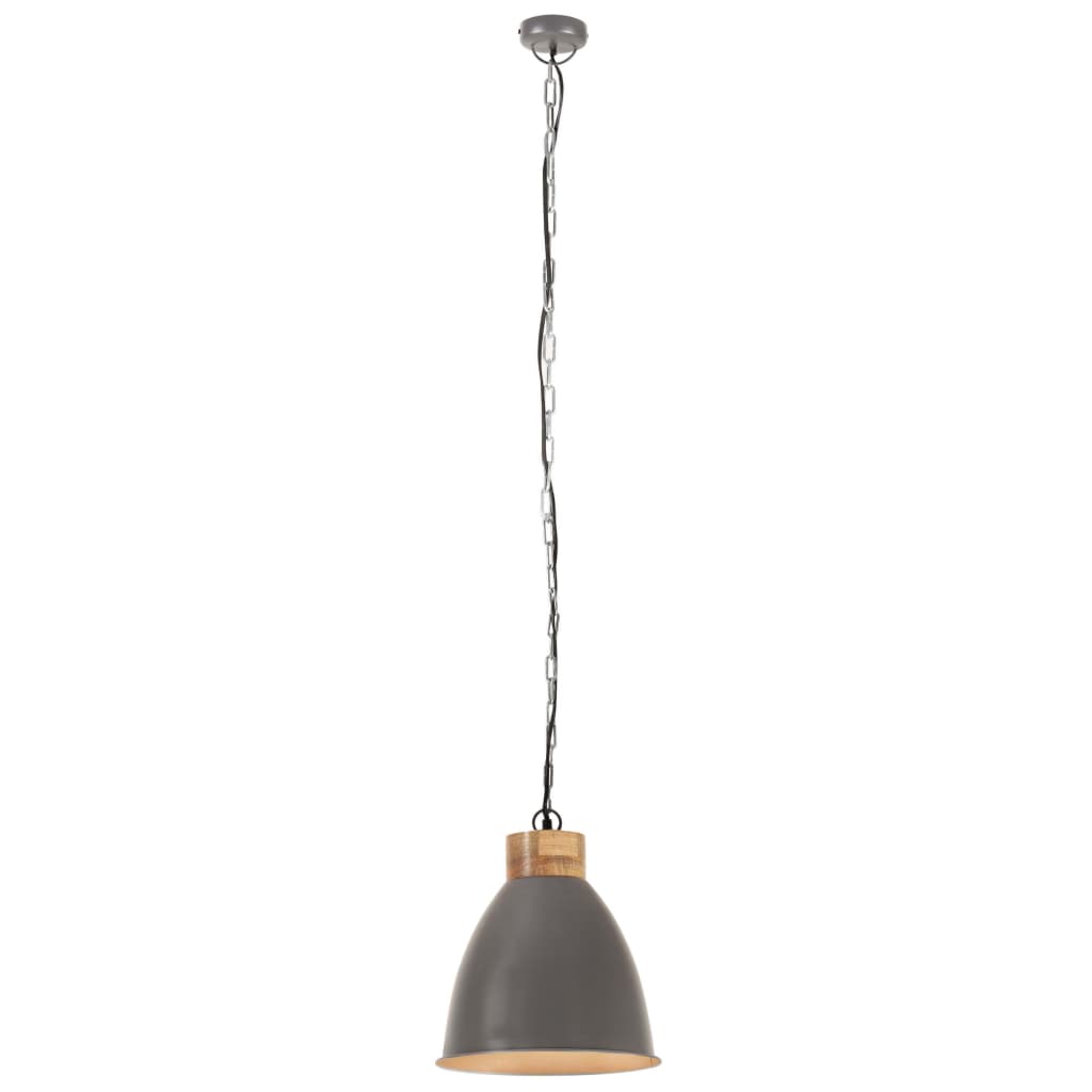 Lampă suspendată industrială, gri, 35 cm, lemn masiv&fier, E27