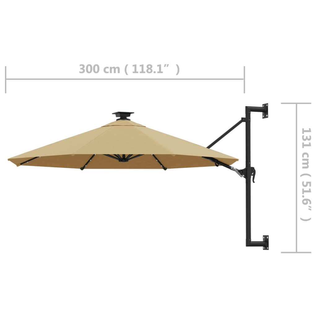 Umbrelă soare LED montaj pe perete stâlp metal gri taupe 300cm